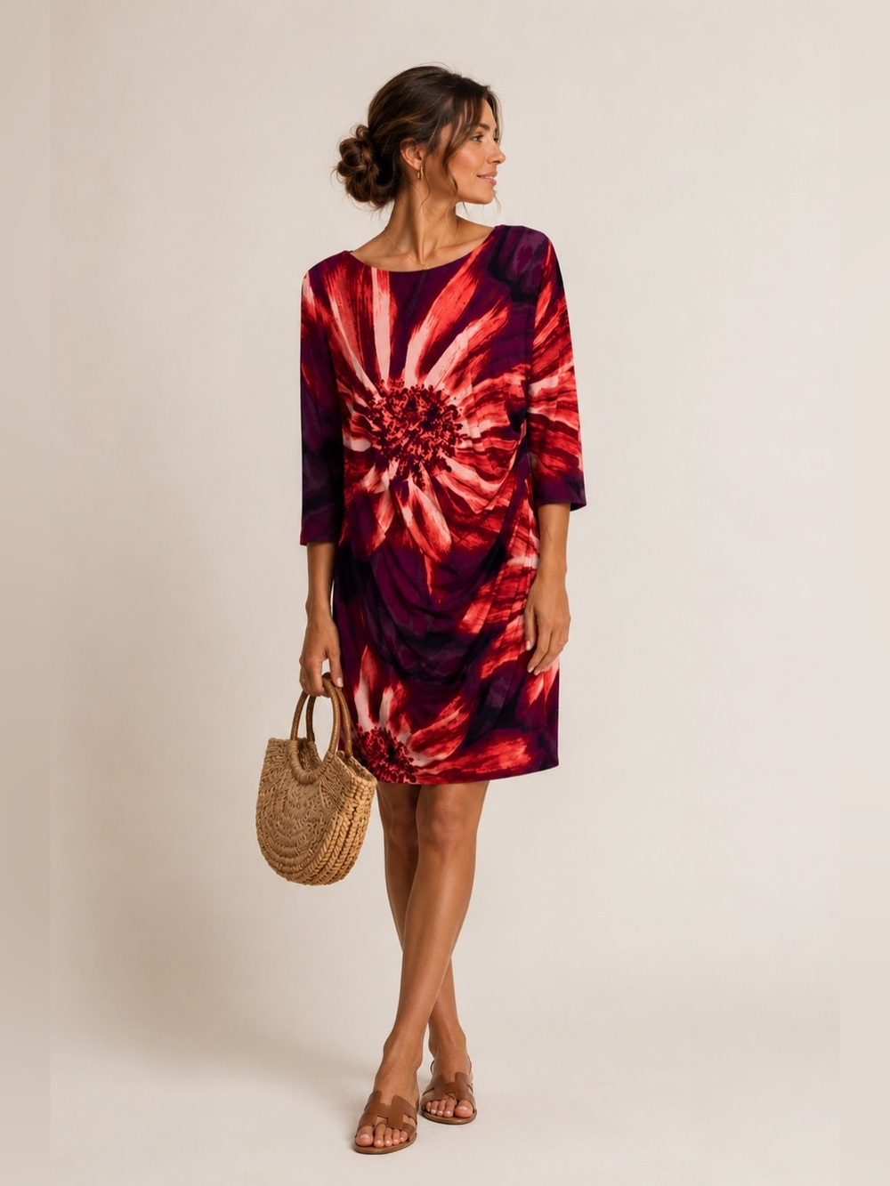 RN Studio by Ronni Nicole Red Floral Print 3/4 Sleeve Dress Size L